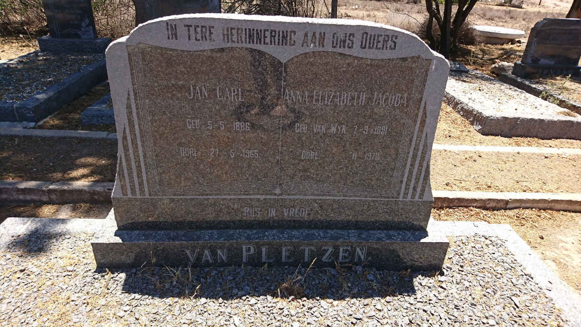 PLETZEN Jan Carl, van 1886-1965 &amp; Anna Elizabeth Jacoba VAN WYK 1891-1970