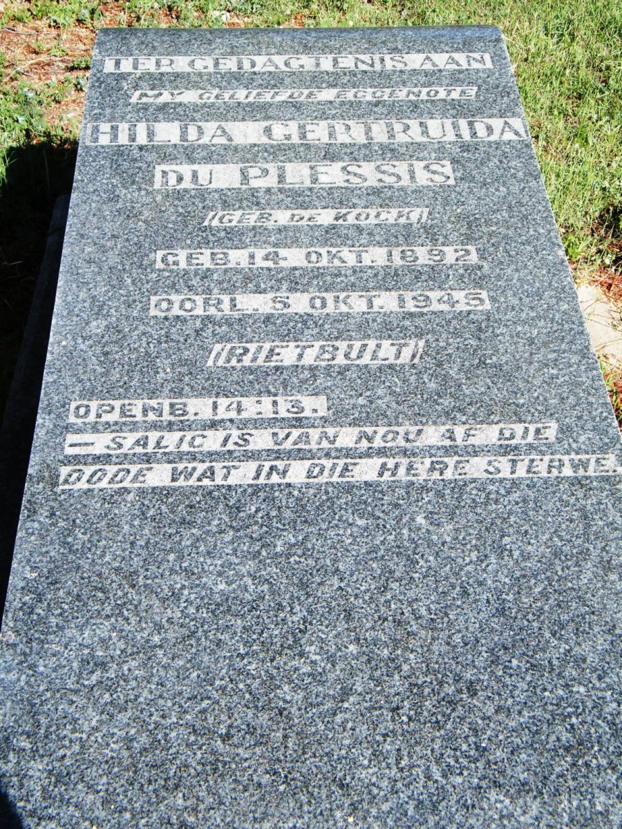 PLESSIS Hilda Gertruida, du nee DE KOCK 1892-1945