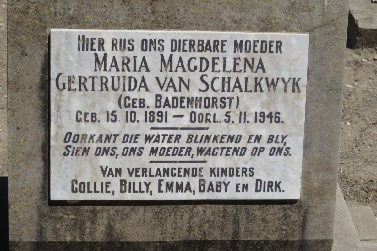SCHALKWYK Maria Magdelena Gertruida, van nee BADENHORST 1891-1946