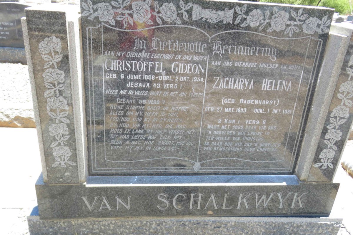SCHALKWYK Christoffel Gideon, van 1886-1954 &amp; Zacharya Helena BADENHORST 1893-1981