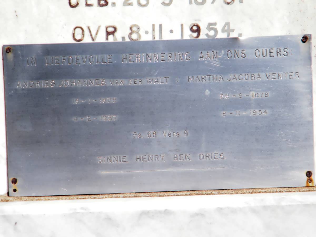 WALT Andries Johannes, van der 1875-1937 &amp; Martha Jacoba VENTER 1878-1954
