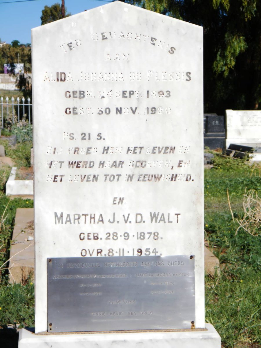 WALT Andries Johannes, van der 1875-1937 &amp; Martha Jacoba VENTER 1878-1954 :: DU PLESSIS Alida Johanna 1893-1920