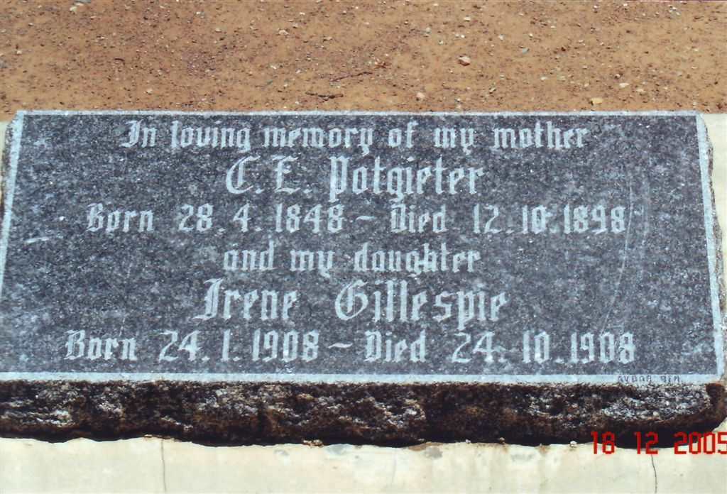 POTGIETER C.E. 1848-1898 :: GILLESPIE Irene 1908-1908