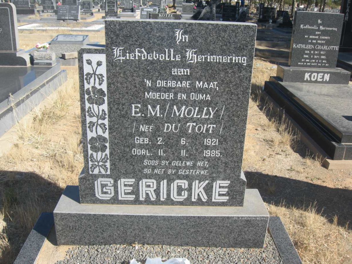 GERICKE E.M. nee DU TOIT 1921-1985