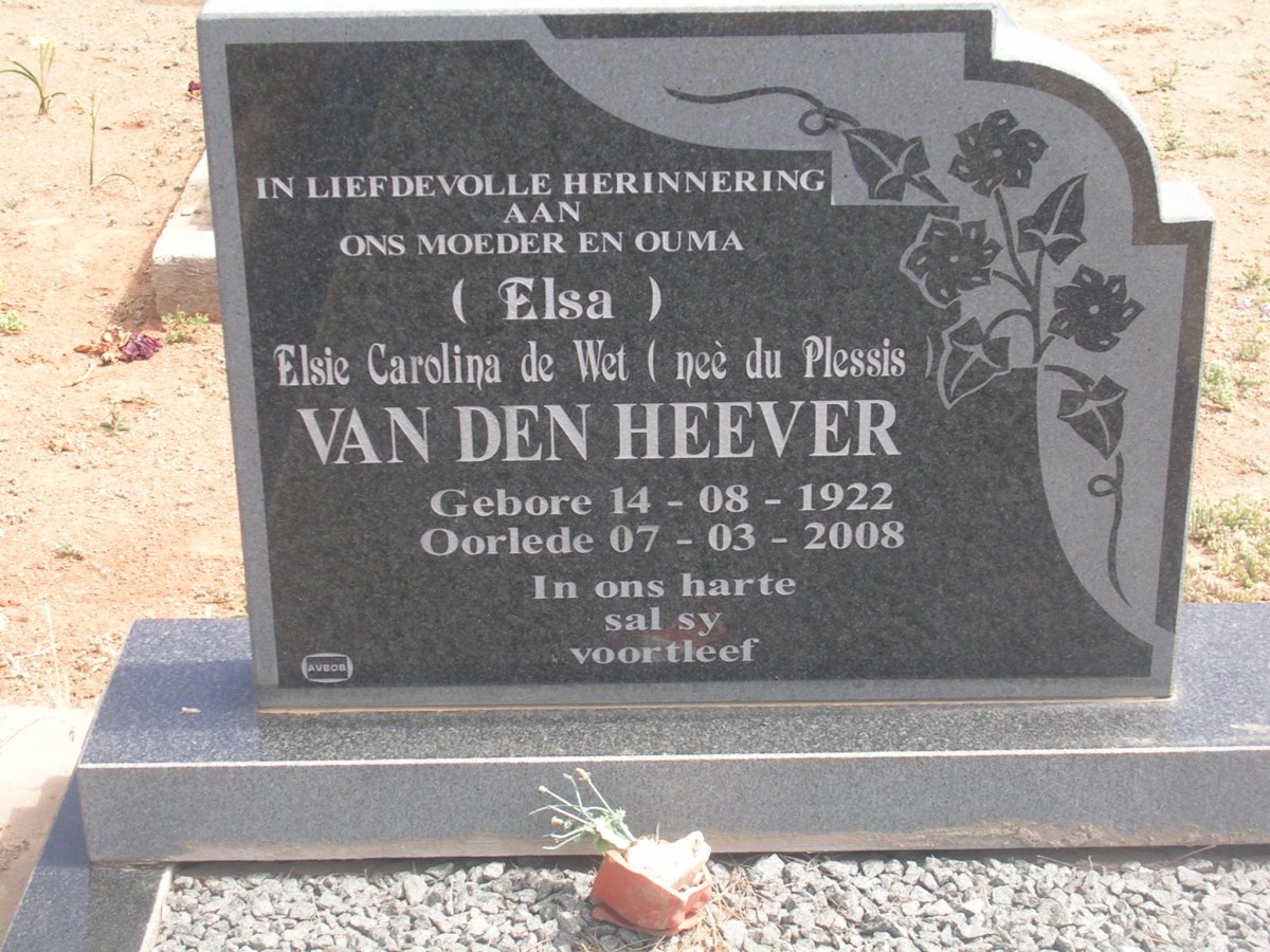 HEEVER Elsie Carolina de Wet, van den nee DU PLESSIS 1922-2008