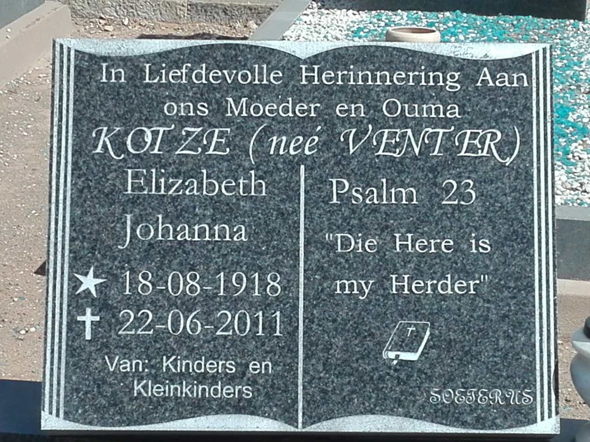 KOTZE Elizabeth Johanna nee VENTER 1918-2011