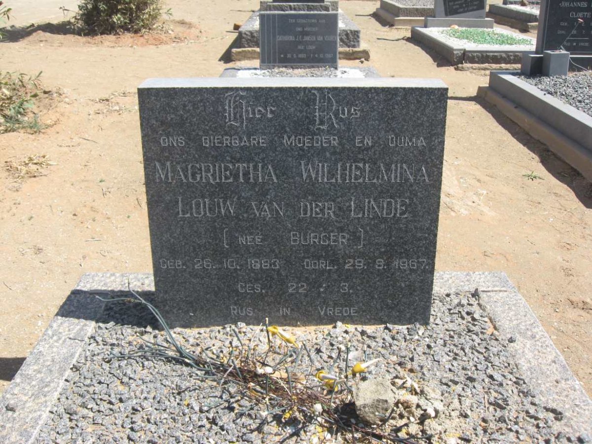 LINDE Magrietha Wilhelmina Louw, van der nee BURGER 1883-1967