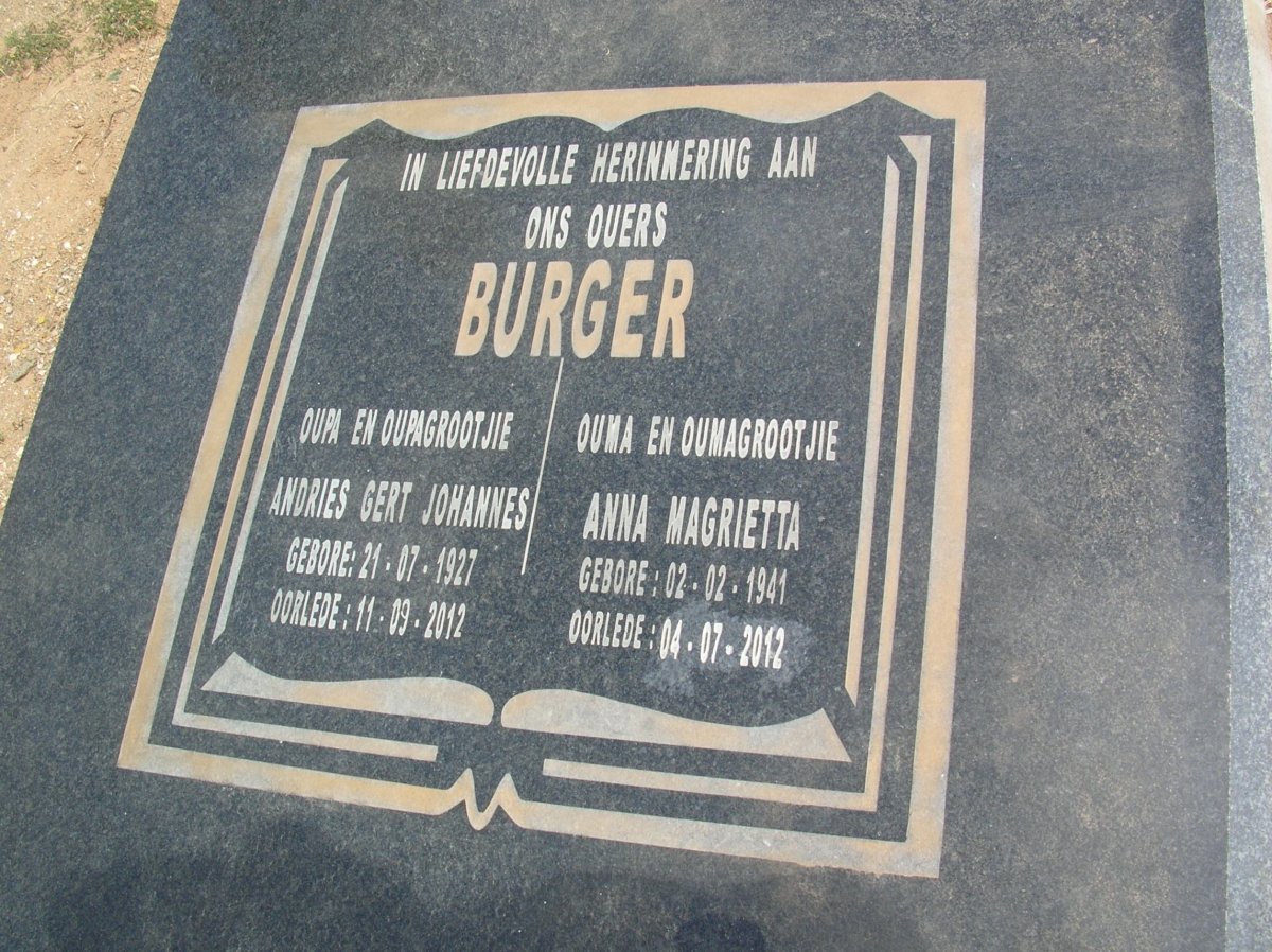 BURGER Andries Gert Johannes 1927-2012 &amp; Anna Magrietta 1941-2012