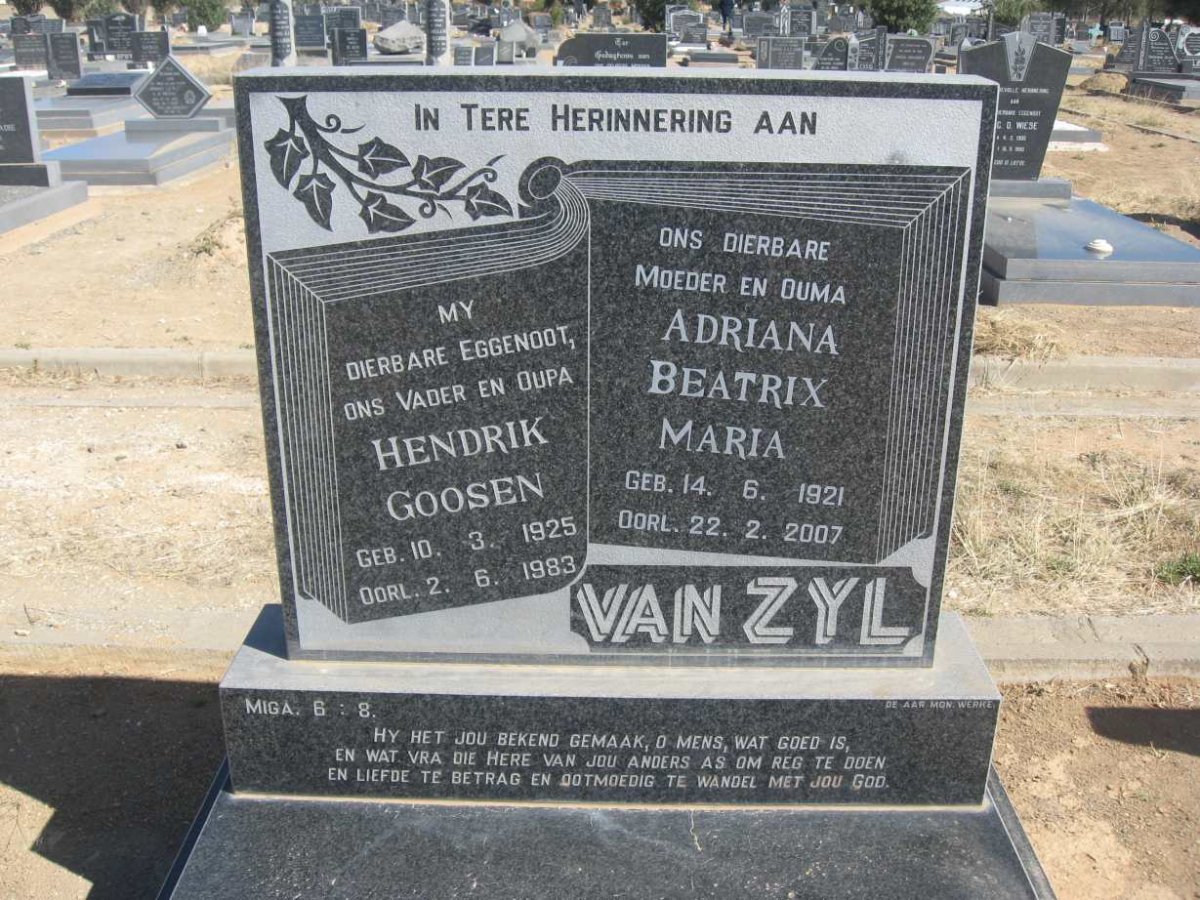 ZYL Hendrik Goosen, van 1925-1983 &amp; Adriana Beatrix Maria 1921-2007