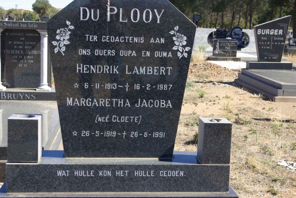 PLOOY Hendrik Lambert, du 1913-1987 &amp; Margaretha Jacoba CLOETE 1919-1991