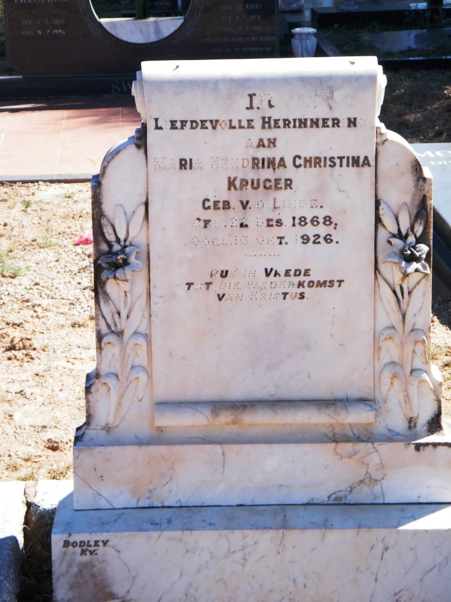 KRUGER Maria Hendrina Christina nee V.D. LINDE 1868-1926