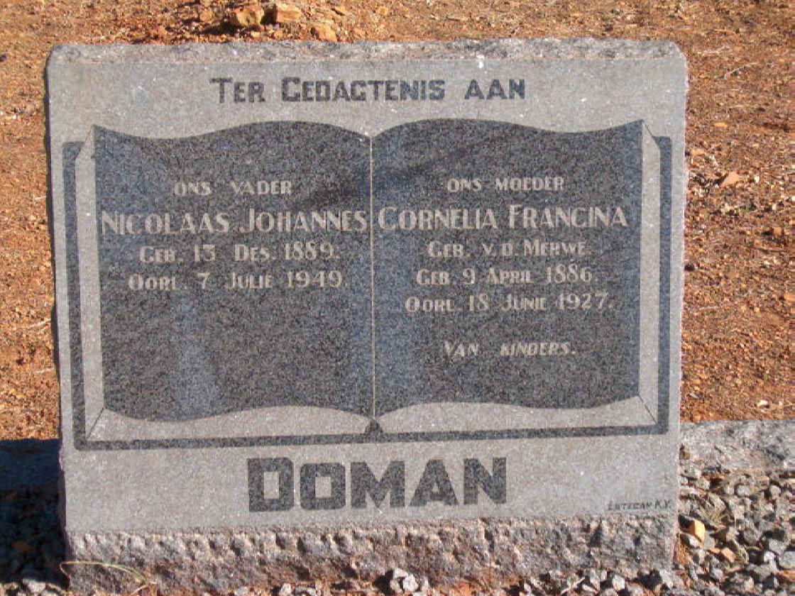DOMAN Nicolaas Johannes 1889-1949 &amp; Cornelia Francina VAN DER MERWE 1886-1927
