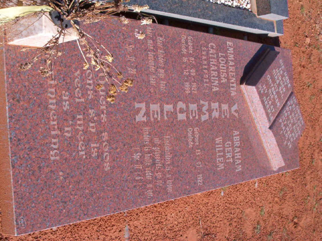 VERMEULEN Abraham Gert Willem 1922- &amp; Emmarentia Louisa Catharina SWANEPOEL 1927-1999