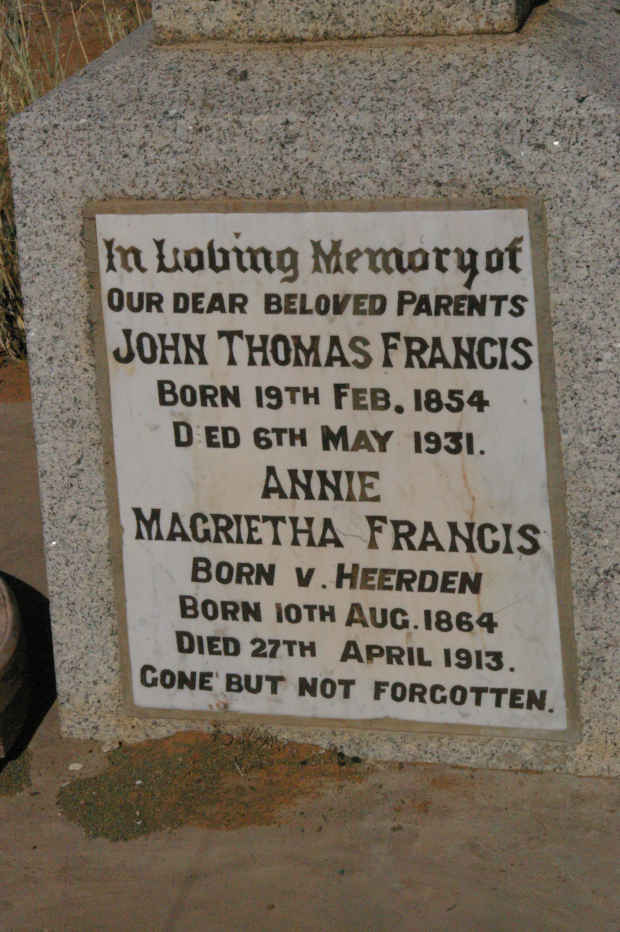FRANCIS John Thomas 1854-1931 &amp; Annie Magrietha V. HEERDEN 1864-1913