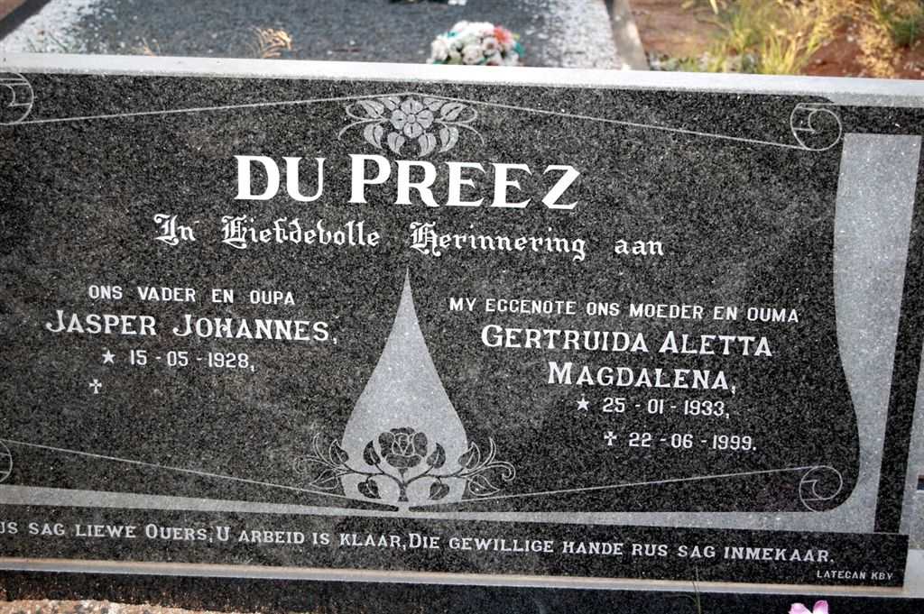 PREEZ Jasper Johannes, du 1928- &amp; Getruida Aletta Magdalena 1933-1999