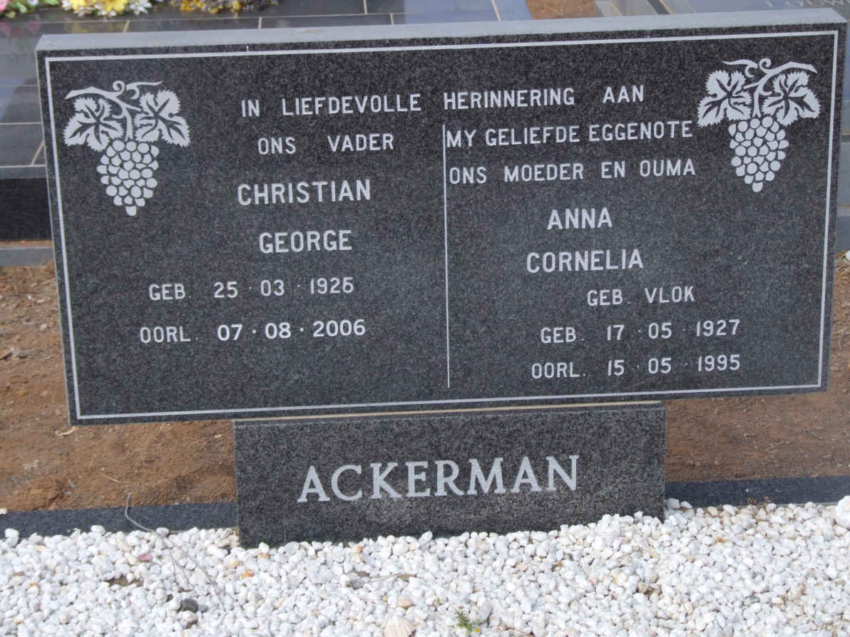 ACKERMAN Christian George 1925-2006 &amp; Anna Cornelia VLOK 1927-1995