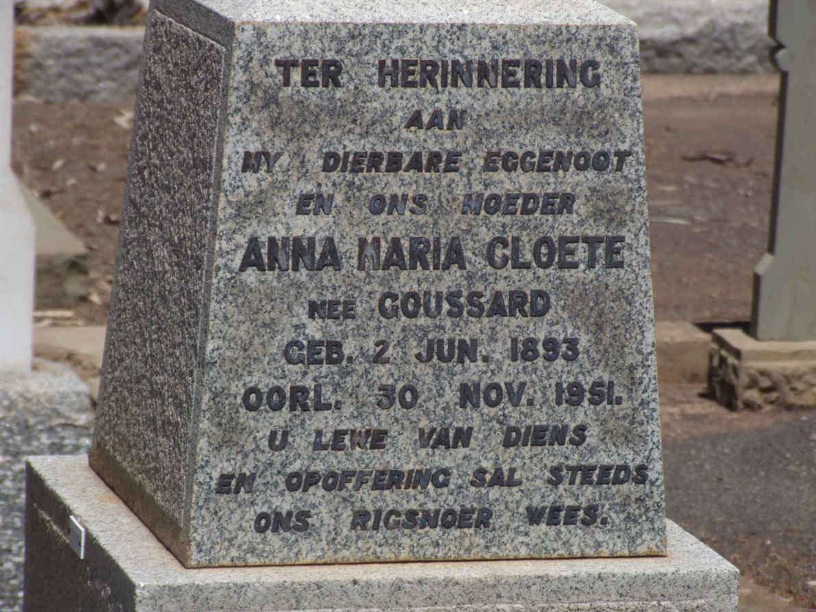 CLOETE Anna Maria nee GOUSSARD 1893-1951