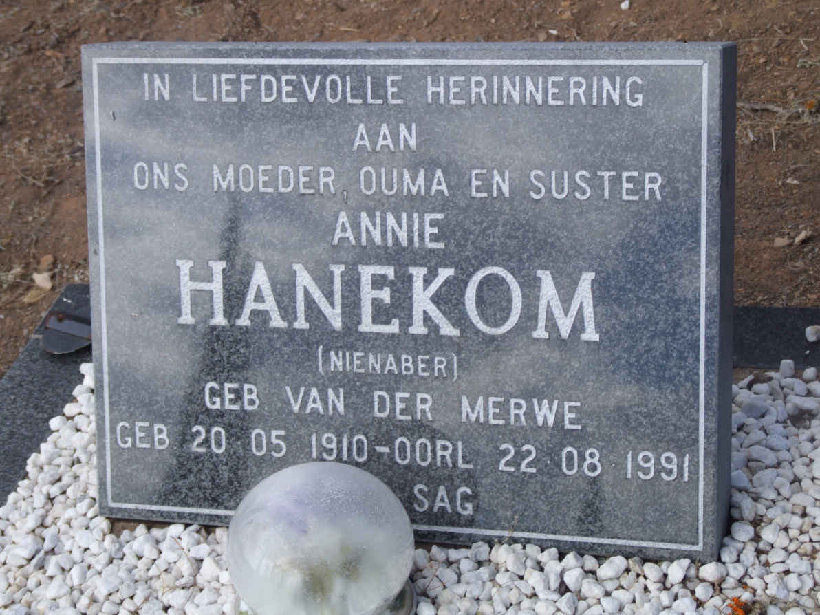 HANEKOM Annie nee VAN DER MERWE voorheen NIENABER 1910-1991