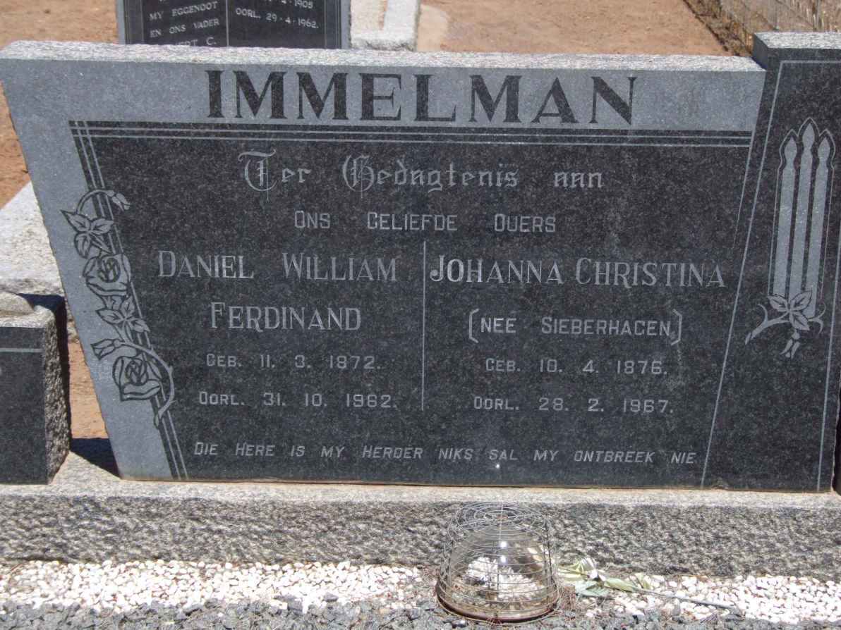 IMMELMAN Daniel William Ferdinand 1872-1962 &amp; Johanna Christina SIEBERHAGEN 1876-1967