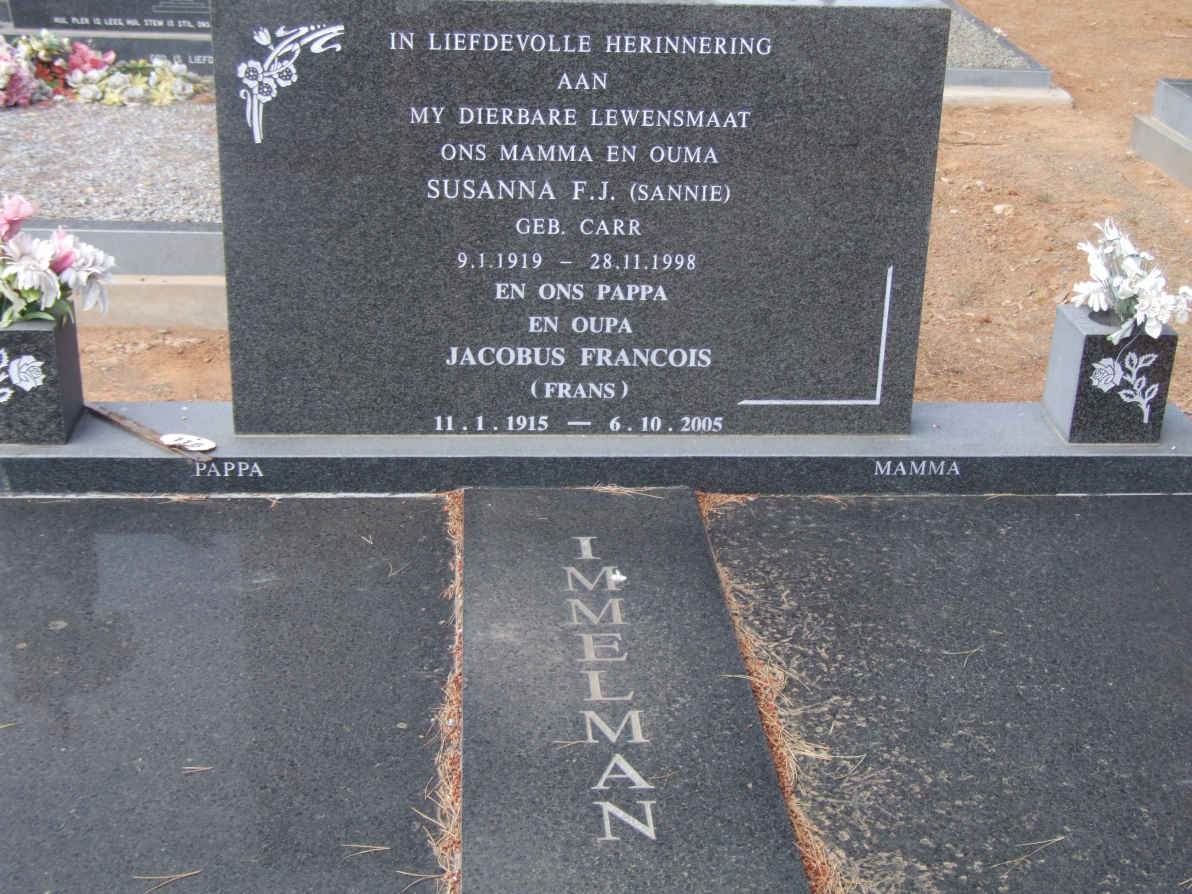 IMMELMAN Jacobus Francois 1915-2005 &amp; Susanna F.J. CARR 1919-1998