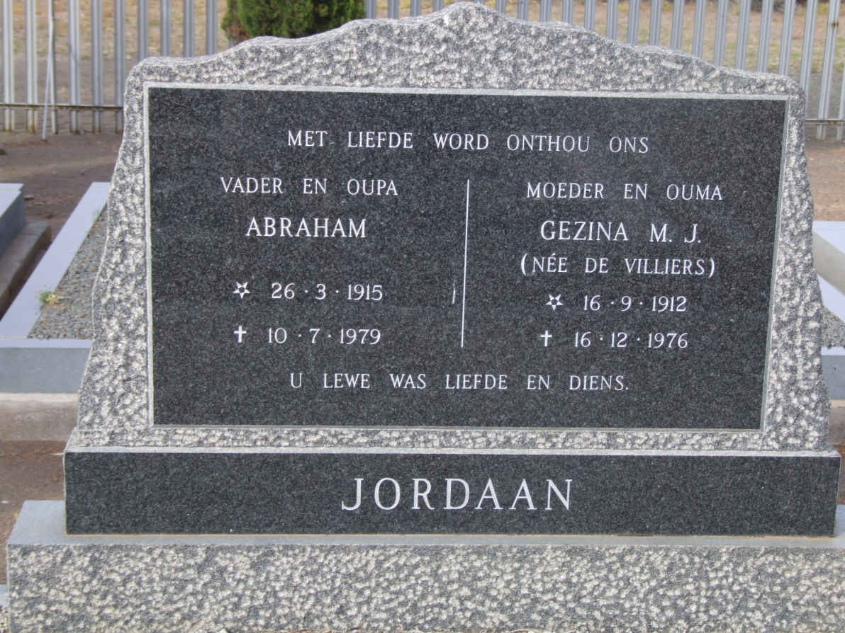 JORDAAN Abraham 1915-1979 &amp; Gezina M.J. DE VILLIERS 1912-1976