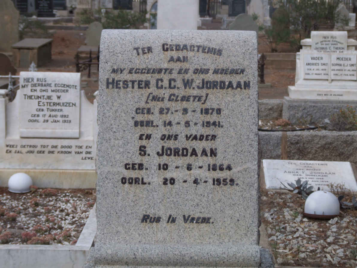 JORDAAN S. 1864-1959 &amp; Hester G.C.W. CLOETE 1870-1941