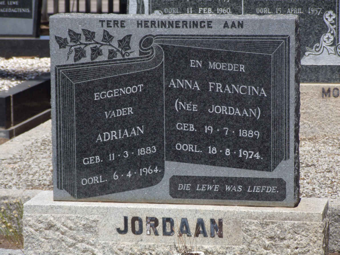 JORDAAN Adriaan 1883-1964 &amp; Anna Francina JORDAAN 1889-1974