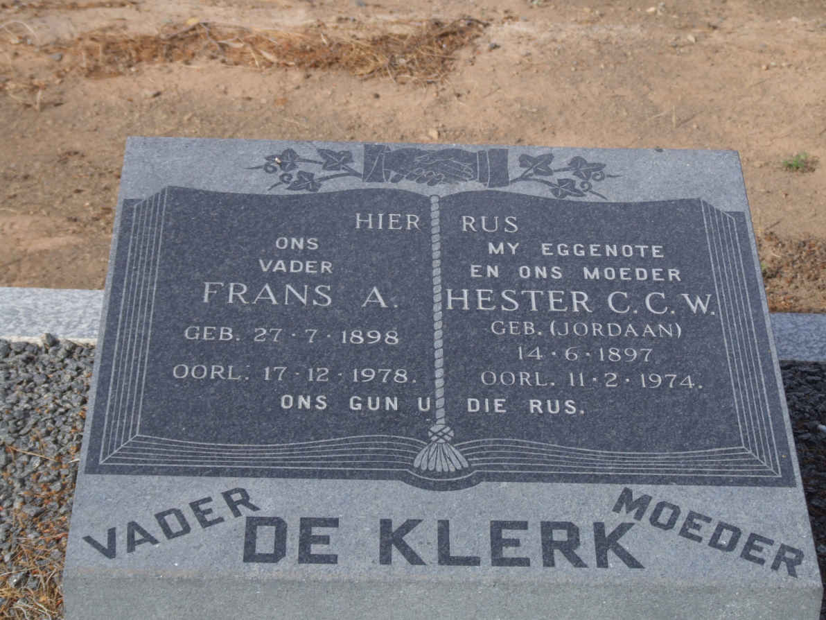KLERK Frans S., de 1898-1978 &amp; Hester C.C.W. JORDAAN 1897-1974