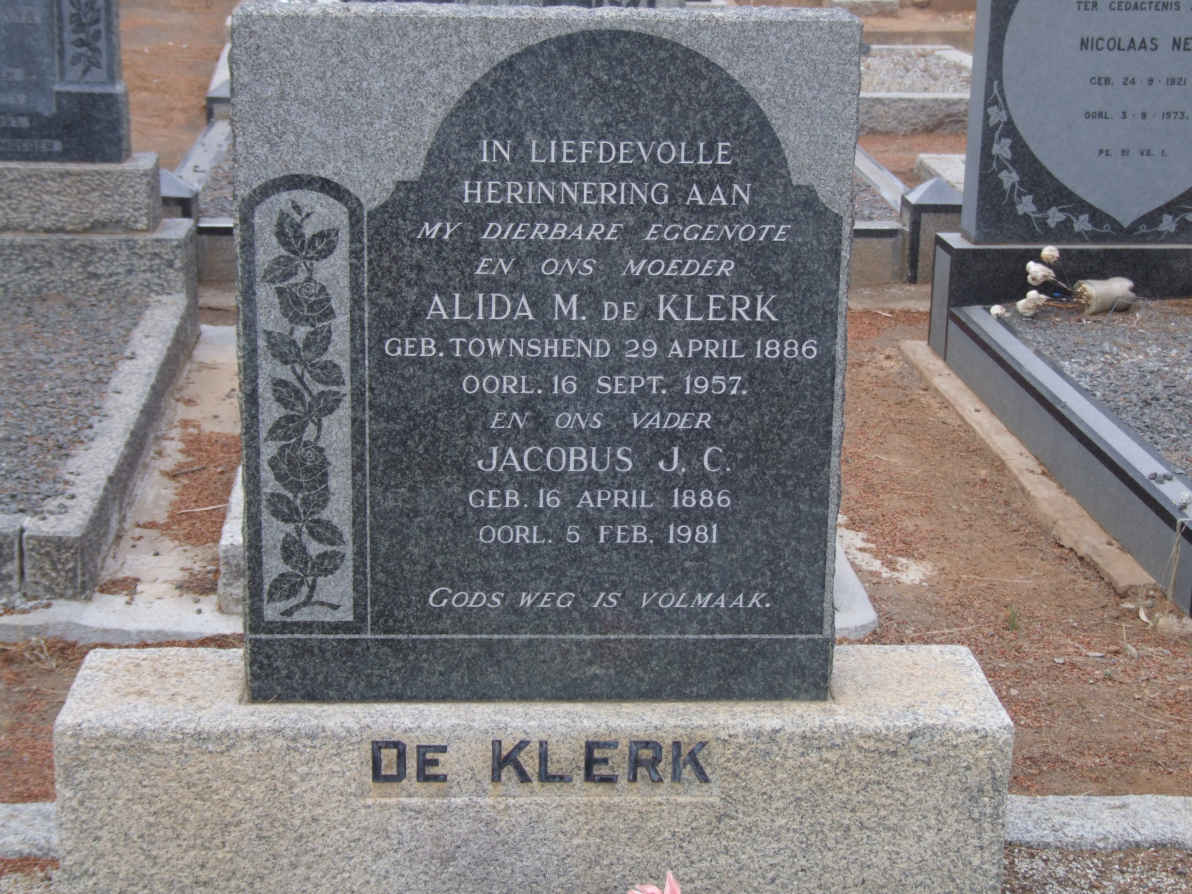 KLERK Jacobus J.C., de 1886-1981 &amp; Alida M. TOWNSHEND 1886-1957