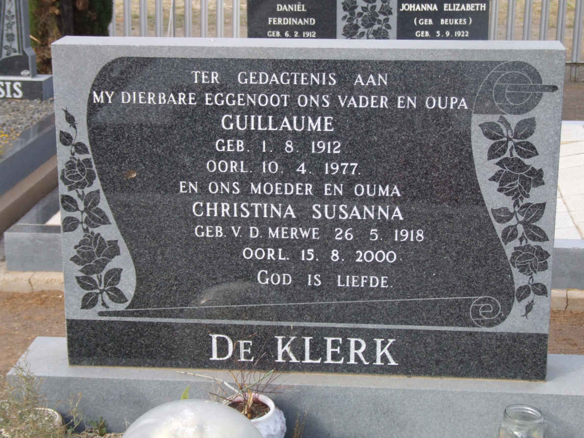 KLERK Guillaume, de 1912-1977 &amp; Christina Susanna V.D. MERWE 1918-2000