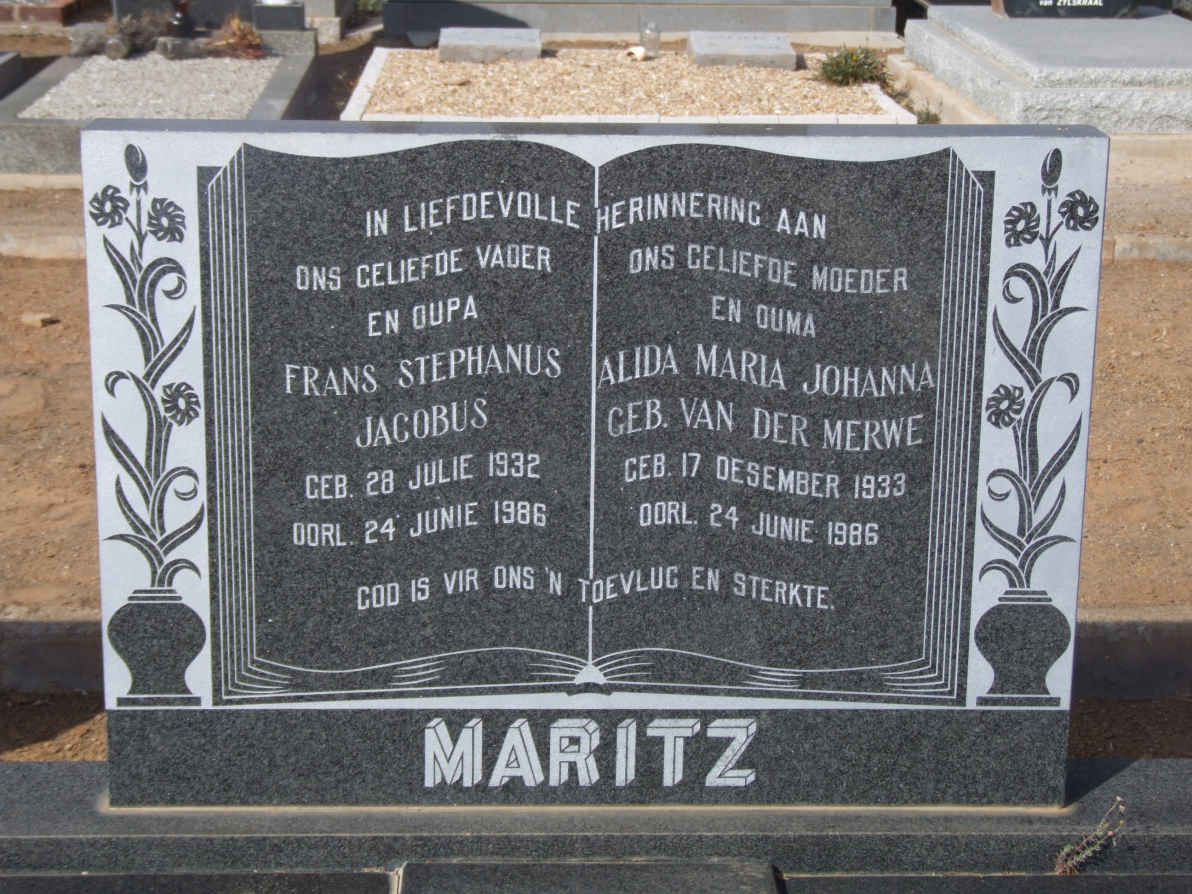 MARITZ Frans Stephanus Jacobus 1932-1986 &amp; Alida Maria Johanna VAN DER MERWE 1933-1986