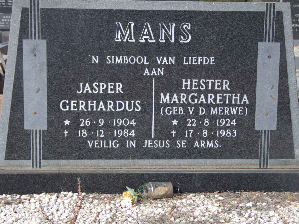 MANS Jasper Gerhardus 1904-1984 &amp; Hester Margaretha V.D. MERWE 1924-1983