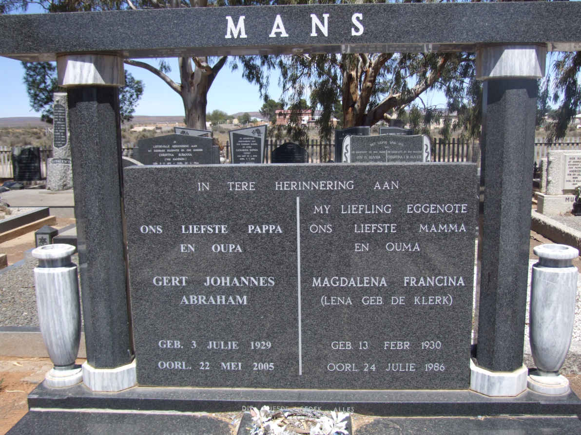 MANS Gert Johannes Abraham 1929-2005 &amp; Magdalena Francina DE KLERK 1930-1986
