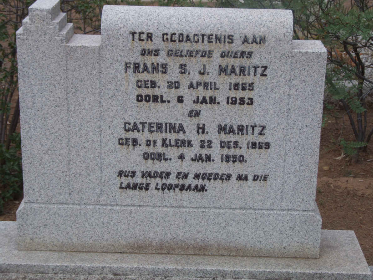 MARITZ Frans S.J. 1865-1953 &amp; Catherina H. DE KLERK 1869-1950