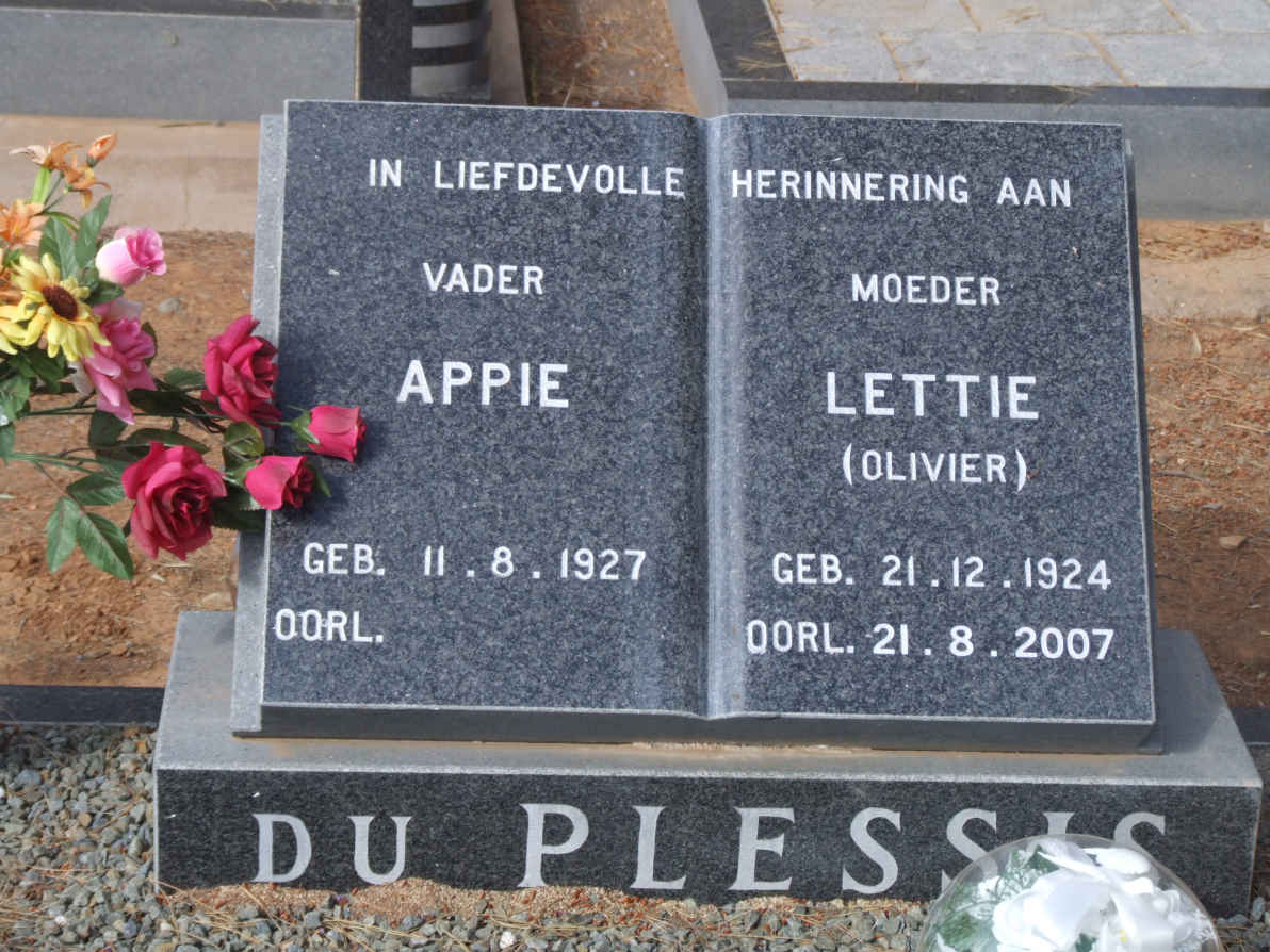 PLESSIS Appie, du 1927- &amp; Lettie OLIVIER 1924-2007