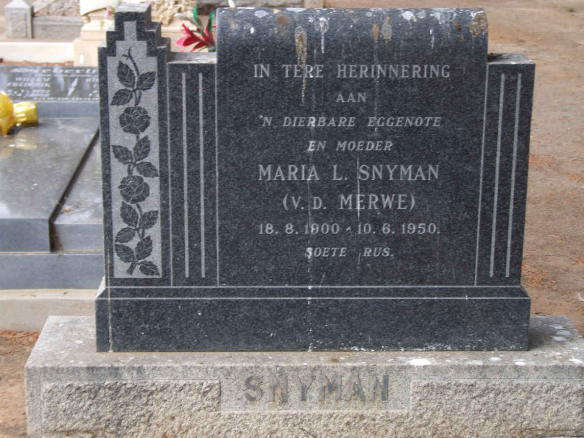 SNYMAN Maria L. nee V.D. MERWE 1900-1950