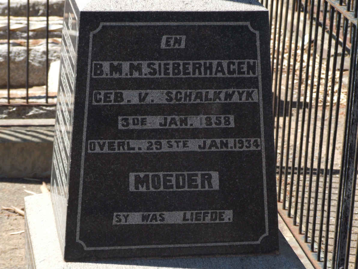 SIEBERHAGEN B.M.M. nee V. SCHALKWYK 1858-1934