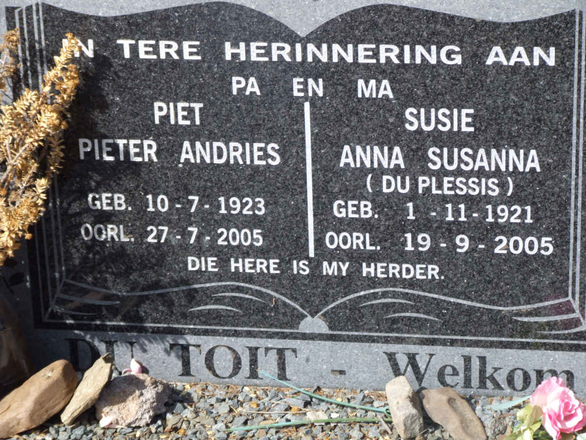 TOIT Pieter Andries, du 1923-2005 &amp; Anna Susanna DU PLESSIS 1921-2005