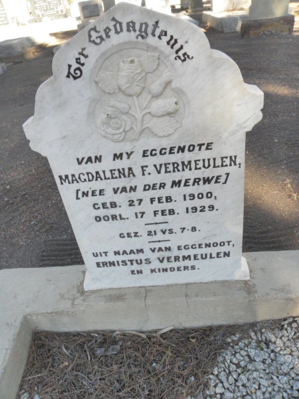 VERMEULEN Magdalena F. nee VAN DER MERWE 1900-1929