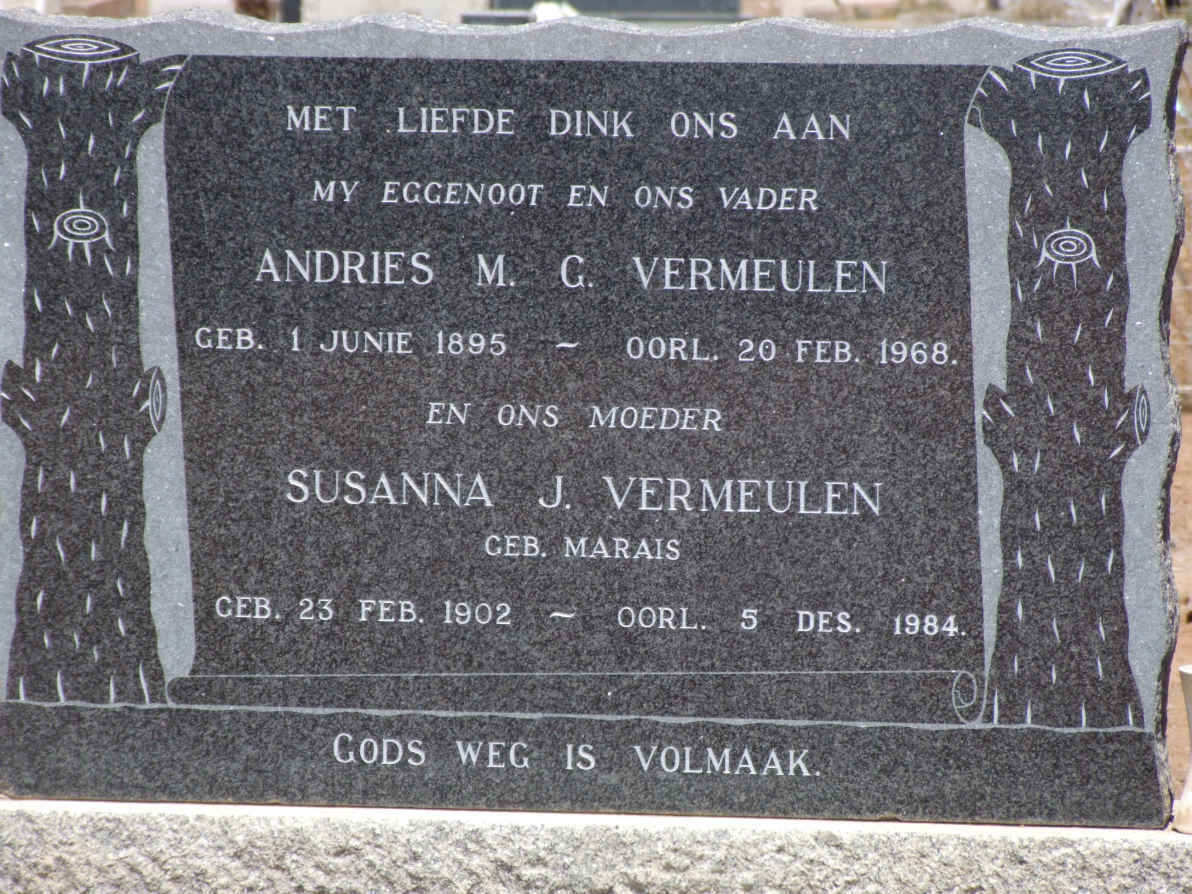 VERMEULEN Andries M.G. 1895-1968 &amp; Susanna J. MARAIS 1902-1984