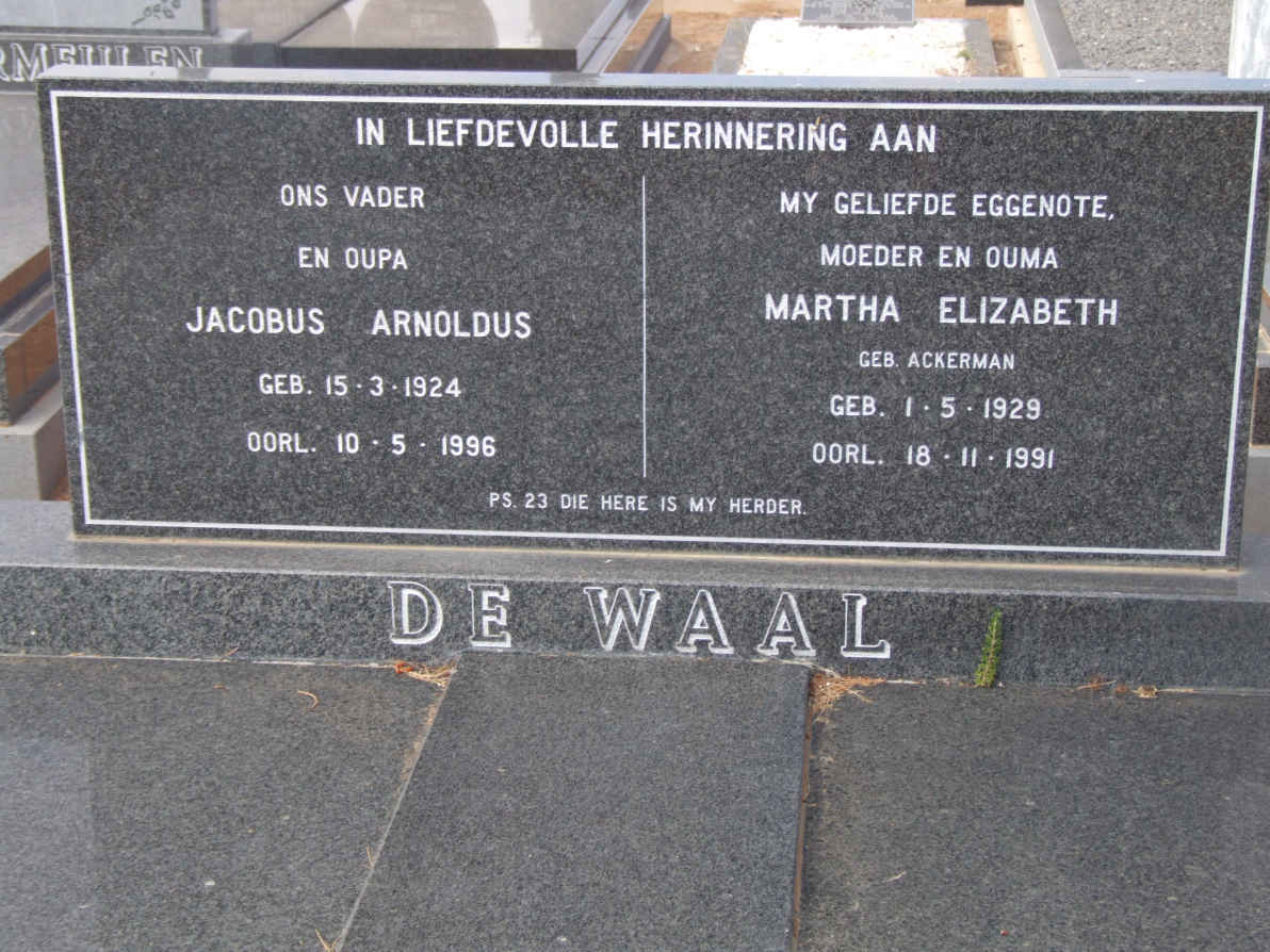 WAAL Jacobus Arnoldus, de 1924-1996 &amp; Martha Elizabeth ACKERMAN 1929-1991