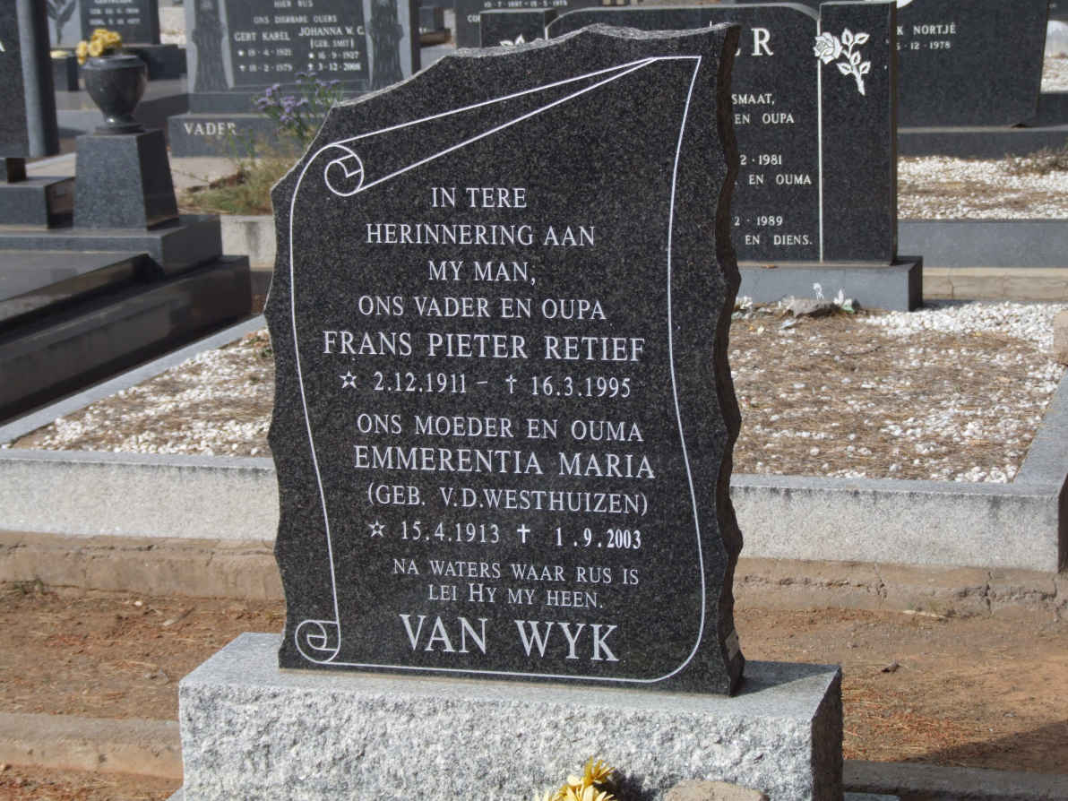 WYK  Frans Pieter Retief, van 1911-1995 &amp; Emmerentia Maria V.D. WESTHUIZEN 1913-2003