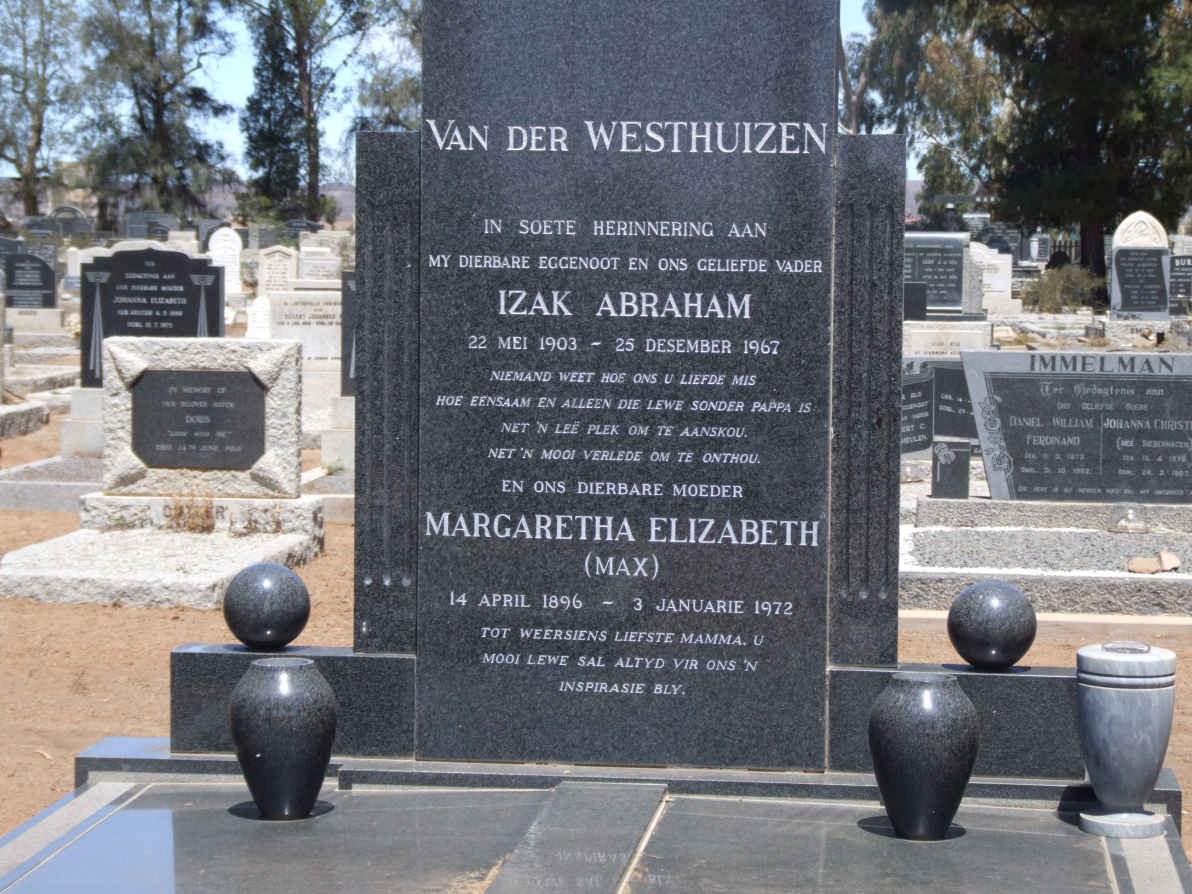 WESTHUIZEN Izak Abraham, van der 1903-1967 &amp; Margaretha Elizabeth 1896-1972