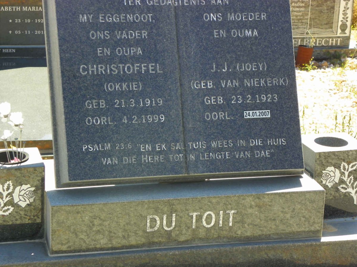 TOIT Christoffel, du 1919-1999 &amp; J.J. VAN NIEKERK 1923-2007
