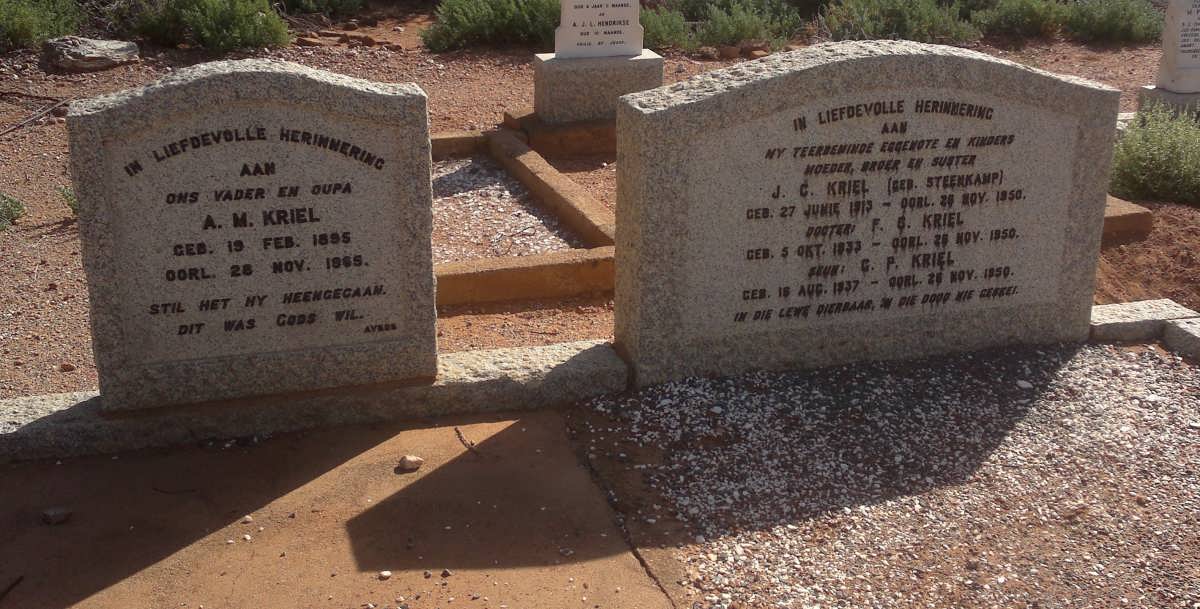 KRIEL A.M. 1895-1965 &amp; J.C. STEENKAMP 1913-1950 :: KRIEL F.C. 1933-1950 :: KRIEL G.P. 1937-1950