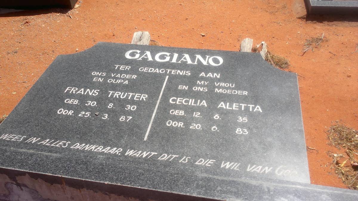 GAGIANO Frans Truter 1930-1987 &amp; Cecilia Aletta 1935-1983