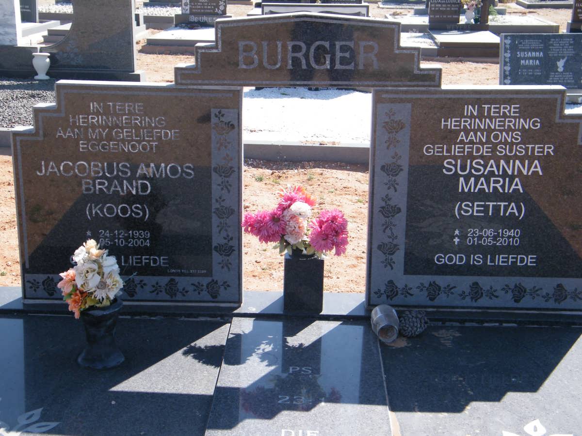 BURGER Jacobus Amos Brand 1939-2004 &amp; Susanna Maria 1940-2010