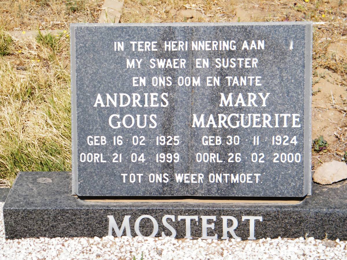 MOSTERT Andries Gous 1925-1999 &amp; Mary Marguerite 1924-2000