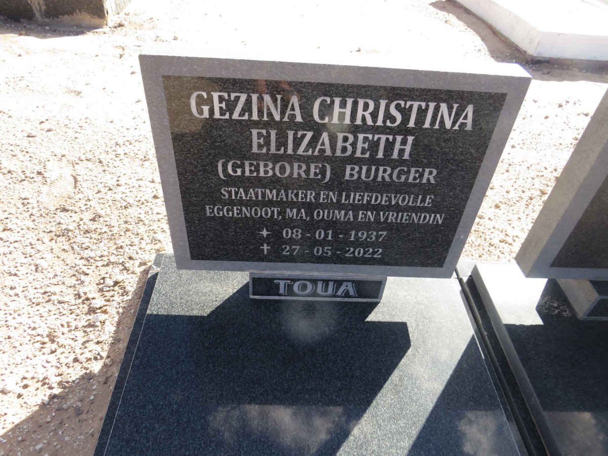 TOUA Gezina Christina Elizabeth nee BURGER 1937-2022