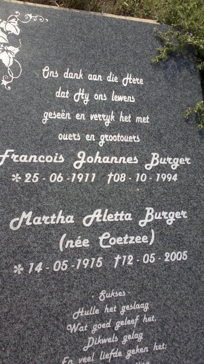 BURGER Francois Johannes 1911-1994 &amp; Martha Aletta COETZEE 1915-2005